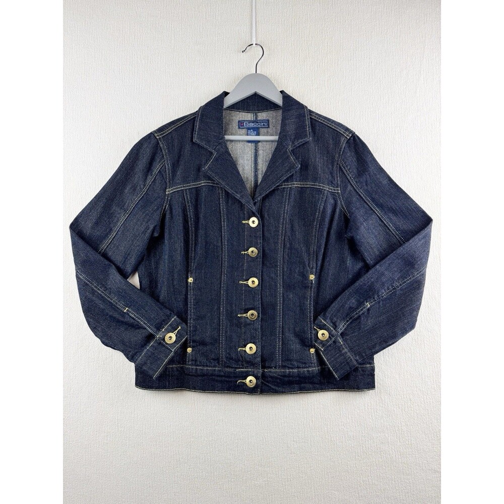 Baccini Women's Button Up 2 Pockets Gold Buttons Dark Wash Denim Jacket